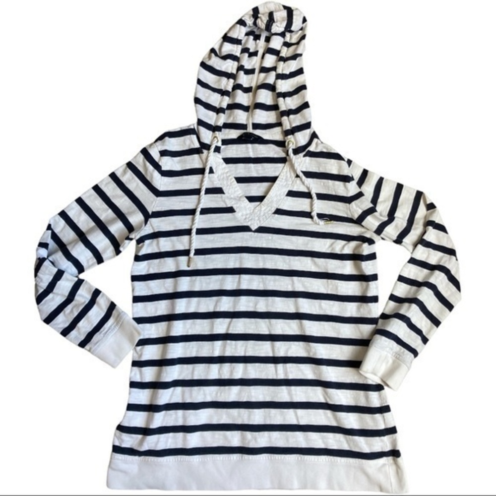 Tommy Hilfiger size Large long sleeved hooded V-neck  top, navy and white stripe